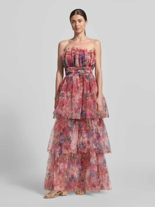 Zdjęcie produktu Sukienka maxi w stylu hiszpańskim z paskiem w talii Lace & Beads Wiśniowy
