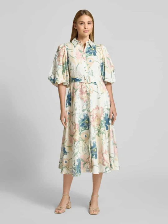 Zdjęcie produktu Sukienka midi z mieszanki lnu z kwiatowym nadrukiem allover Ted Baker Piaskowy