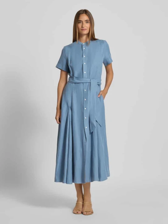 Zdjęcie produktu Sukienka midi taliowana z mieszanki jedwabiu i lnu z dodatkiem bawełny Polo Ralph Lauren Błękitny