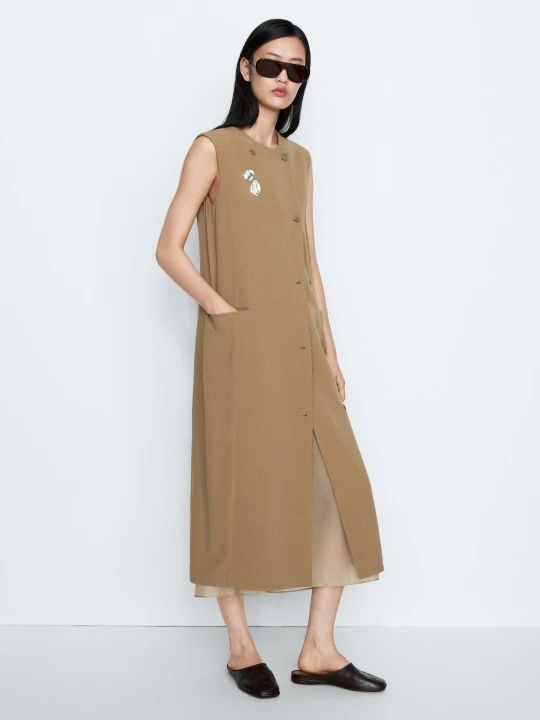 Zdjęcie produktu Sukienka Midi Z Zakładkami I Kieszeniami – Studio - Karmelowy - - Massimo Dutti - Kobieta