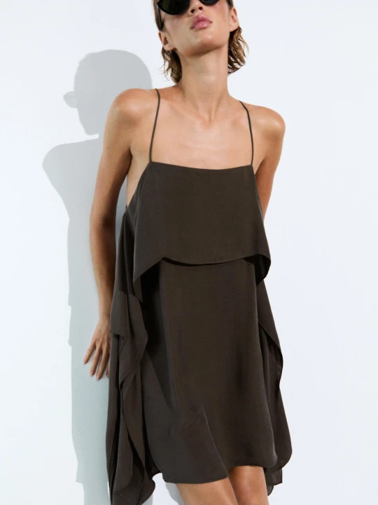 Zdjęcie produktu Sukienka Mini Na Ramiączkach Z Falbankami - Brązowy - Massimo Dutti - Female
