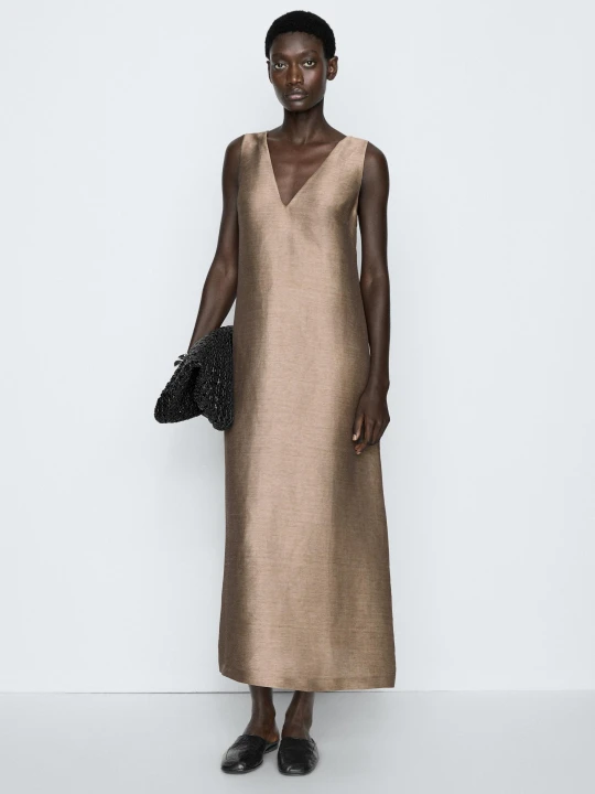 Zdjęcie produktu Sukienka Średniej Długości Z Szerokimi Ramiączkami - Studio - Popielaty - Massimo Dutti - Female