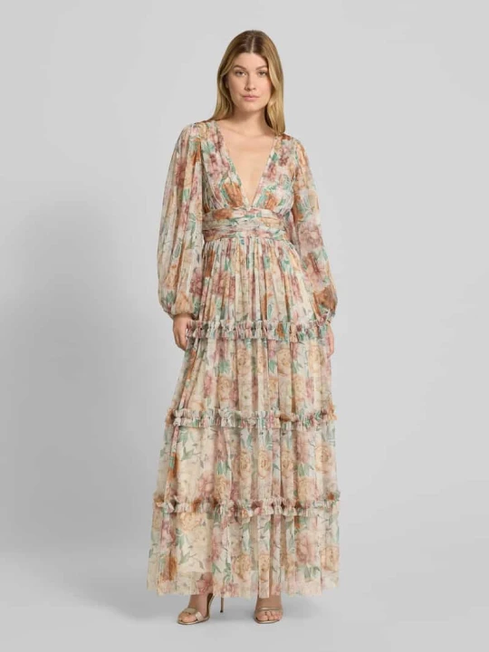 Zdjęcie produktu Sukienka wieczorowa z efektem stopniowania i dekoltem w serek Lace & Beads Różowawy
