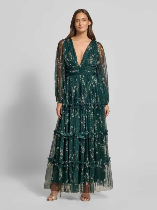 Zdjęcie produktu Sukienka wieczorowa z efektem stopniowania z dekoltem w serek Lace & Beads Ciemnozielony
