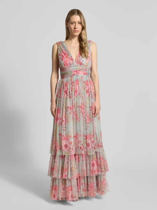 Zdjęcie produktu Sukienka wieczorowa z falbanowym dołem i dekoltem w kształcie litery V Lace & Beads Jasnoczerwony