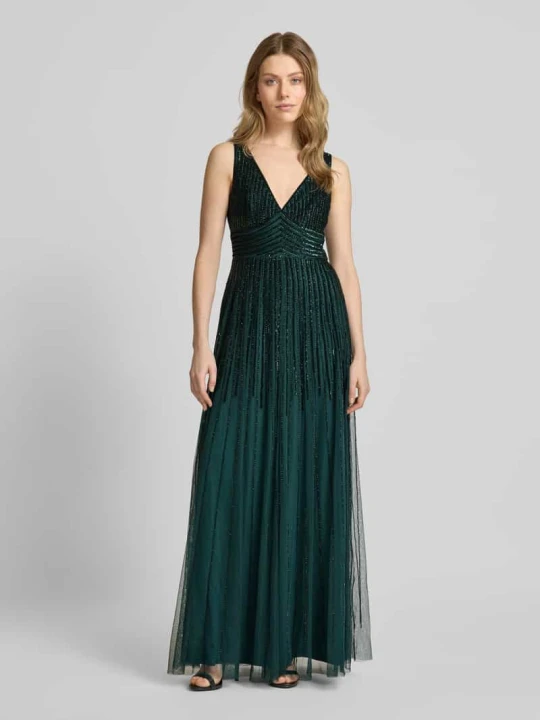 Zdjęcie produktu Sukienka wieczorowa z głębokim dekoltem w serek Lace & Beads Ciemnozielony