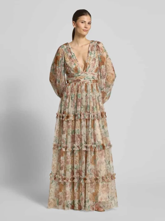 Zdjęcie produktu Sukienka wieczorowa z tiulu z dekoltem w serek i tasiemką w talii Lace & Beads Brudnoróżowy