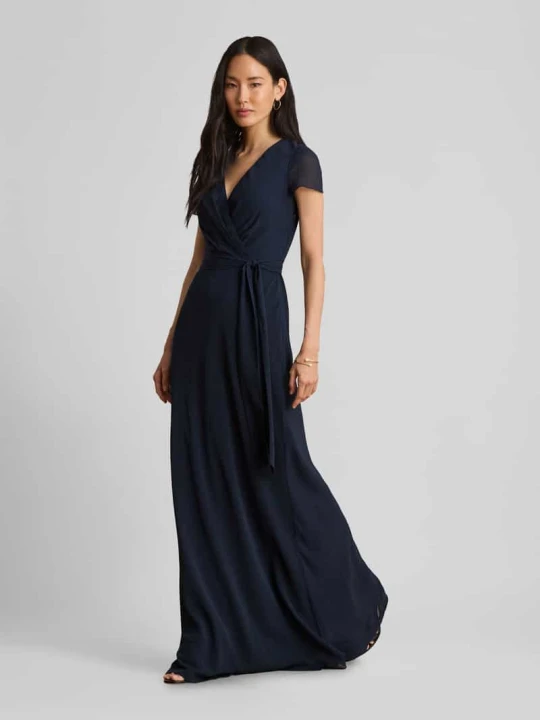 Zdjęcie produktu sukienka wieczorowa z wiązanym paskiem i dekoltem w serek Lauren Ralph Lauren Ciemnoniebieski