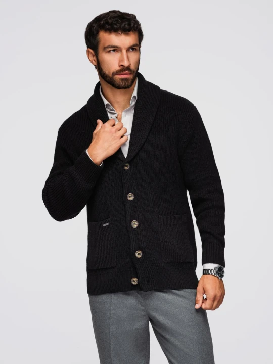 Zdjęcie produktu Sweter bawełniany męski kardigan z szalowym kołnierzem - czarny V4 - Rozmiar: S Ombre Clothing