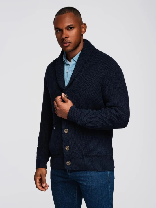 Zdjęcie produktu Sweter bawełniany męski kardigan z szalowym kołnierzem - granatowy V1 Ombre Clothing