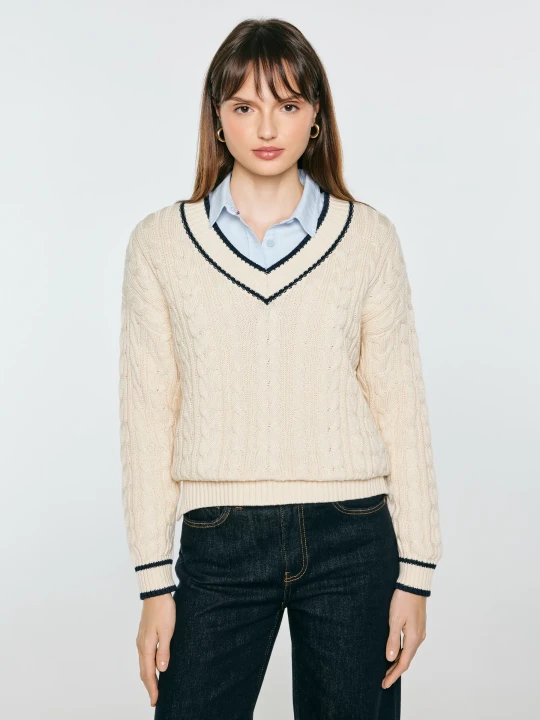 Zdjęcie produktu sweter damski bawełniany z dekoltem v-neck kremowy calia 103 Big Star
