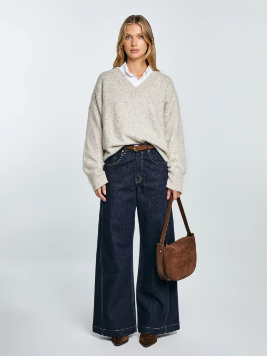 Zdjęcie produktu sweter damski v-neck oversize z dodatkiem wełny beżowy violina 801 Big Star