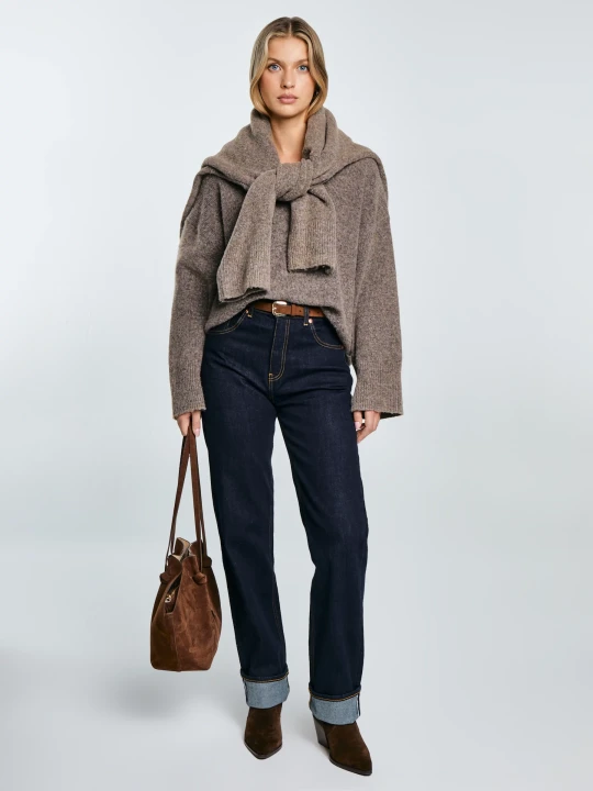 Zdjęcie produktu sweter damski v-neck oversize z dodatkiem wełny brązowy violina 804 Big Star