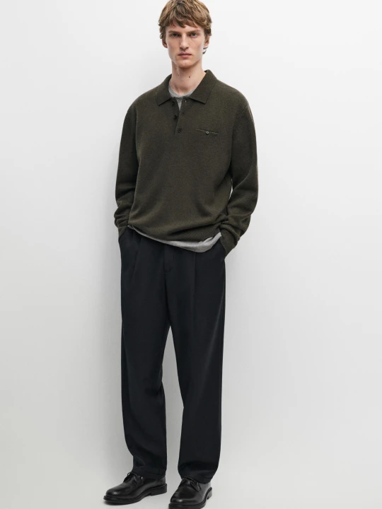 Zdjęcie produktu Sweter Dzianinowy 100% Wełny Z Kołnierzykiem Polo - Szarawozielony - Massimo Dutti - Male