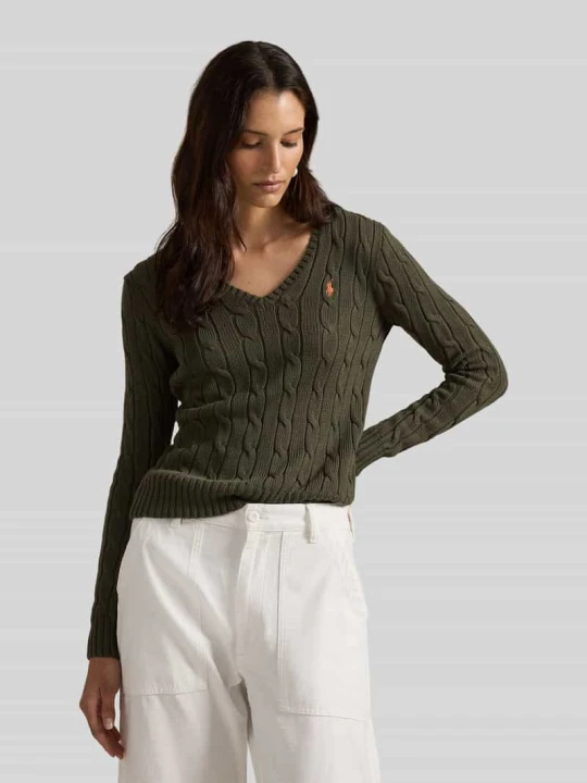 Zdjęcie produktu sweter z dzianiny o kroju regular fit z czystej bawełny model 'KIMBERLY' Polo Ralph Lauren Oliwkowy