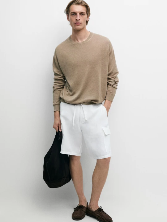 Zdjęcie produktu Sweter Dzianinowy Ze 100% Lnu Z Okrągłym Dekoltem - Piaskowy Beż - - Massimo Dutti - Mężczyzna