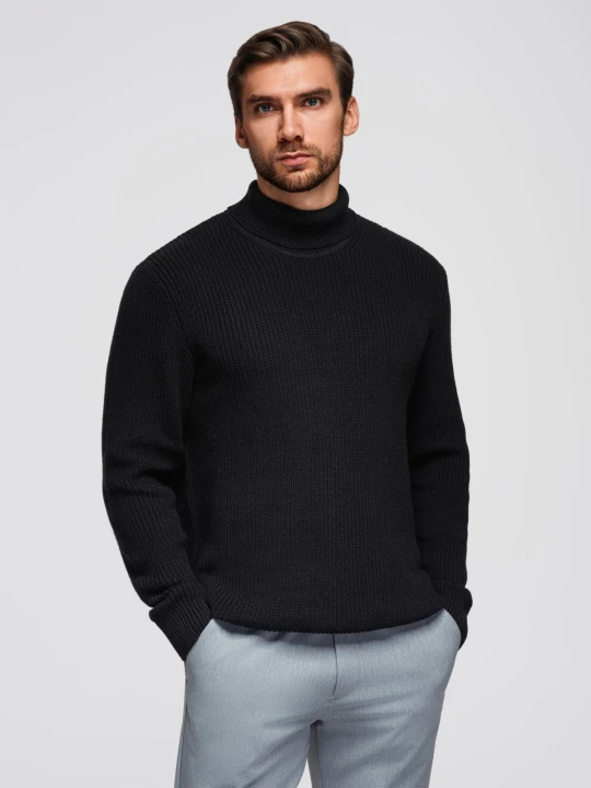 Zdjęcie produktu Sweter klasyczny męski z golfem z bawełny - czarny V4 - Rozmiar: XL Ombre Clothing