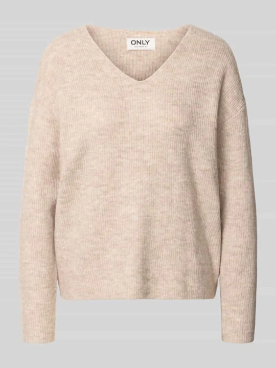 Zdjęcie produktu sweter krój regular fit z dekoltem w serek model 'CAMILLA' Only Écru melanż