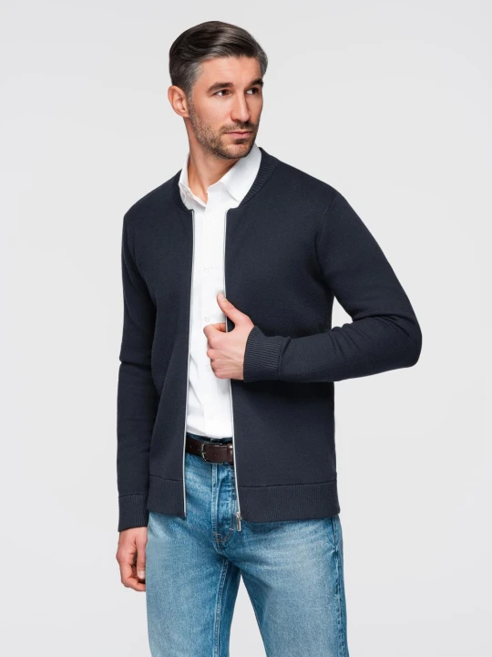 Zdjęcie produktu Sweter męski gładki na zamek – granatowy V1 Ombre Clothing