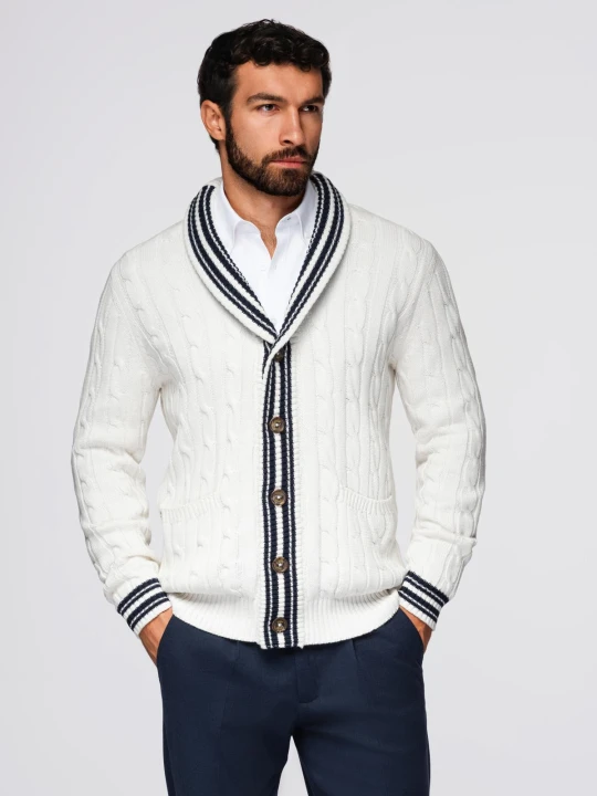 Zdjęcie produktu Sweter męski kardigan z szalowym kołnierzem w stylu preppy - biały V1 - Rozmiar: XL Ombre Clothing