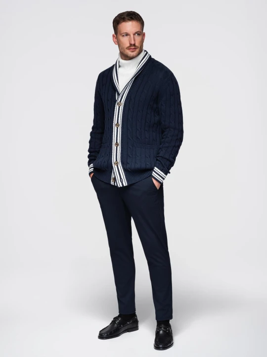 Zdjęcie produktu Sweter męski kardigan z szalowym kołnierzem w stylu preppy - granatowy V4 - Rozmiar: S Ombre Clothing