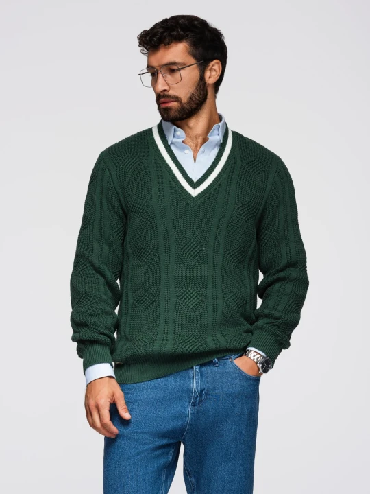 Zdjęcie produktu Sweter męski o splocie warkoczowym z dekoltem w serek - zielony V3 - Rozmiar: L Ombre Clothing