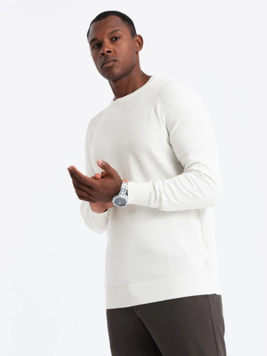 Zdjęcie produktu Sweter męski raglan z prążkowanymi rękawami – biały V1 - Rozmiar: XL Ombre Clothing