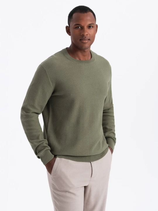 Zdjęcie produktu Sweter męski RELAXED FIT z dzianiny o splocie diamentowym – oliwkowy V4 - Rozmiar: XXL Ombre Clothing
