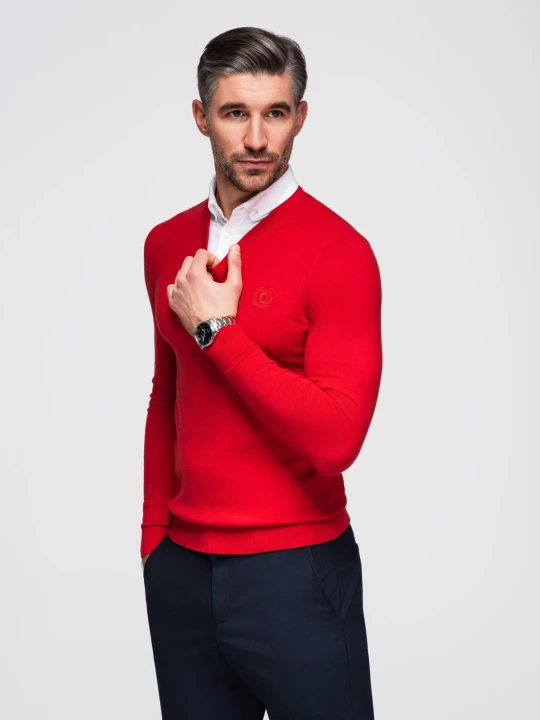 Zdjęcie produktu Sweter męski z dekoltem "w serek" z koszulowym kołnierzykiem - czerwony V4 Ombre Clothing