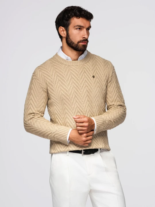Zdjęcie produktu Sweter męski z dzianiny o zygzakowym splocie – piaskowy V1 - Rozmiar: L Ombre Clothing