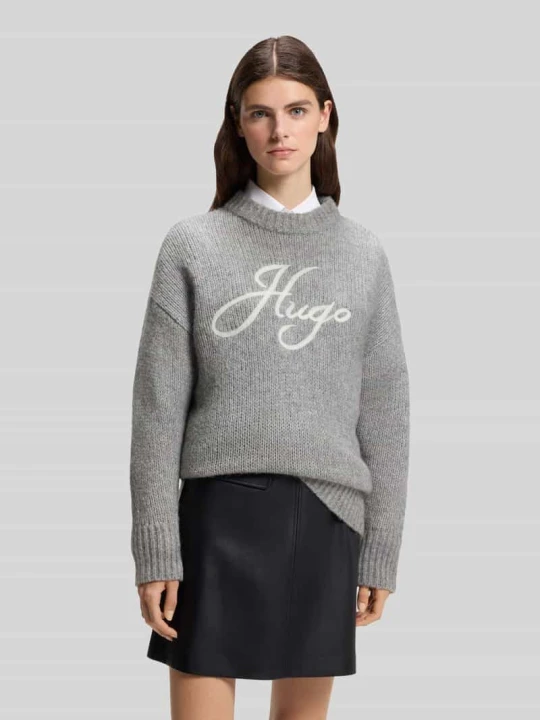 Zdjęcie produktu Sweter o kroju loose fit z mieszanka wełny i alpaki model 'Sloguinny' Hugo Jasnoszary