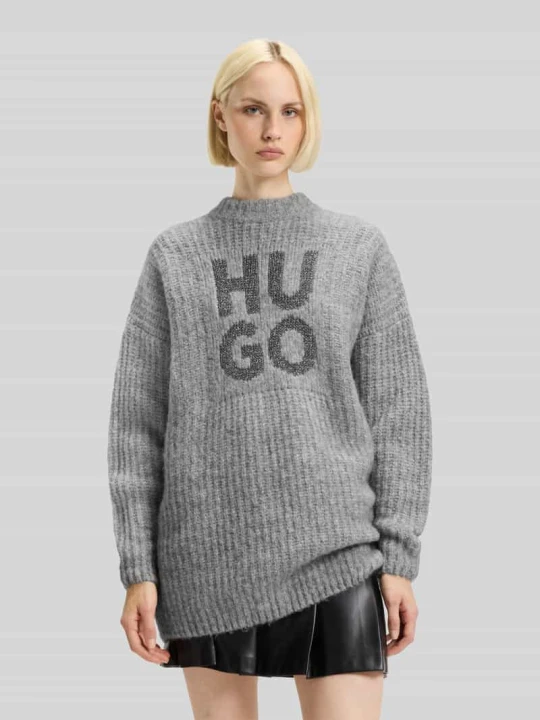 Zdjęcie produktu Sweter o kroju oversized z dzianiny z mieszanki wełny model ‘SLOGUIS’ Hugo Średnioszary