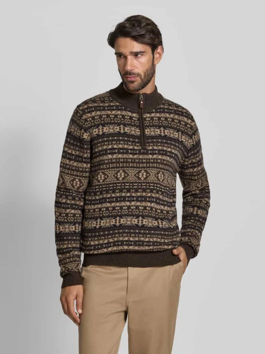 Zdjęcie produktu Sweter o kroju regular fit z czystej wełny model ‘Jacquard’ FYNCH-HATTON Czekoladowy