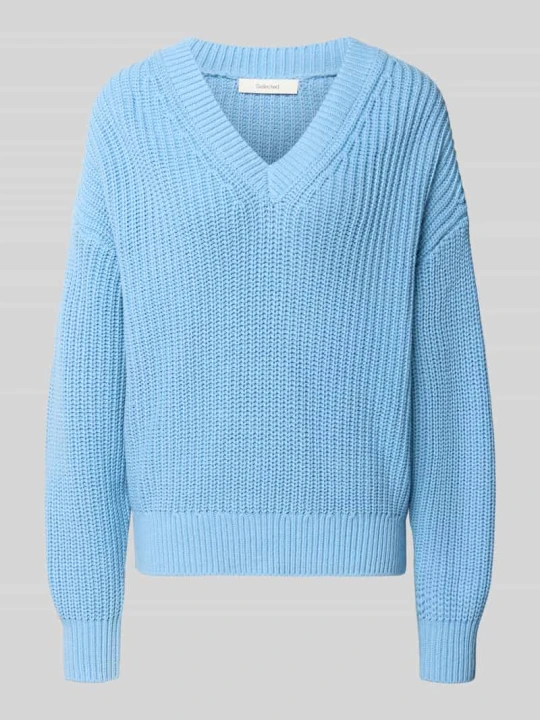 Zdjęcie produktu sweter o kroju regular fit z mieszanki bawełny model 'SELMA' Selected Jasnoniebieski