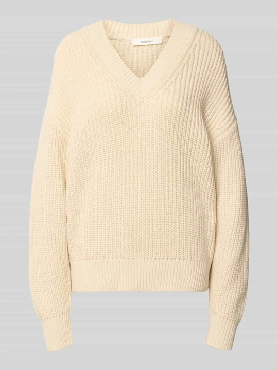 Zdjęcie produktu sweter o kroju regular fit z mieszanki bawełny model 'SELMA' Selected Złamany biały