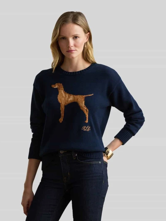 Zdjęcie produktu sweter o kroju regular fit z motywem psa Lauren Ralph Lauren Granatowy melanż