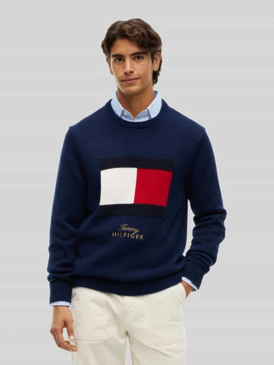 Zdjęcie produktu sweter o kroju regular fit z nadrukiem z motywem Tommy Hilfiger Ciemnoniebieski
