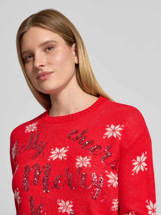 Zdjęcie produktu sweter o kroju regular fit z napisem z cekinów model 'VMJOLLY' Vero Moda Czerwony