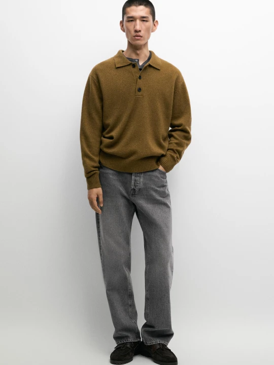 Zdjęcie produktu Sweter Polo Dzianinowy Ze 100% Wełny Z Guzikami - Zielono - Massimo Dutti - Male