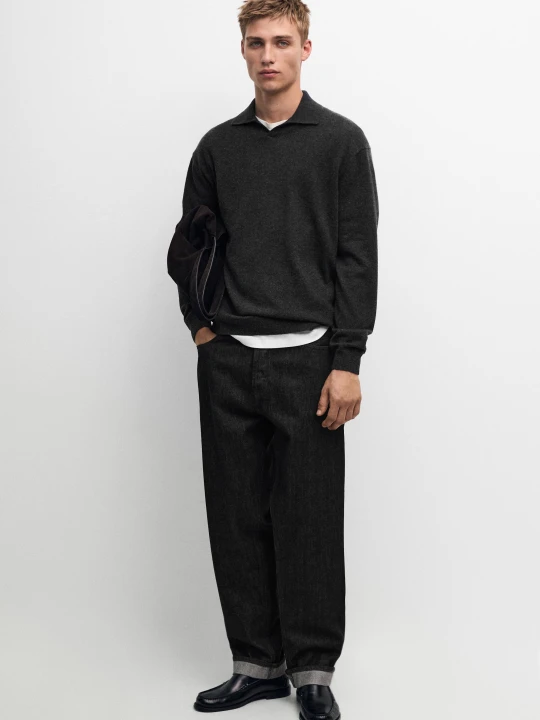 Zdjęcie produktu Dzianinowy Sweter Polo Ze 100% Kaszmiru - Brudnoszary - Massimo Dutti - Male