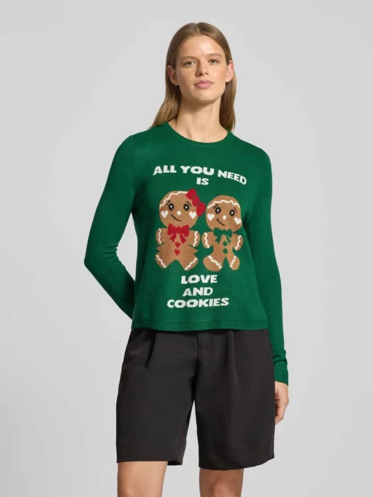 Zdjęcie produktu Sweter świąteczny o kroju regular fit z napisem model ‘XMAS GINGERBREAD’ Only Ciemnozielony
