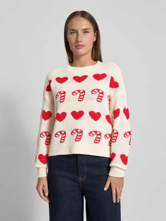 Zdjęcie produktu Sweter świąteczny o kroju regular fit z okrągłym dekoltem model ‘CANDYHEARTS’ Vero Moda Złamany biały