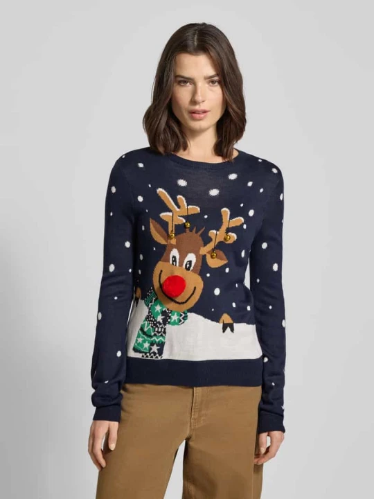 Zdjęcie produktu Sweter świąteczny o kroju regular fit z pomponem model ‘FROSTYDEER’ Vero Moda Ciemnoniebieski