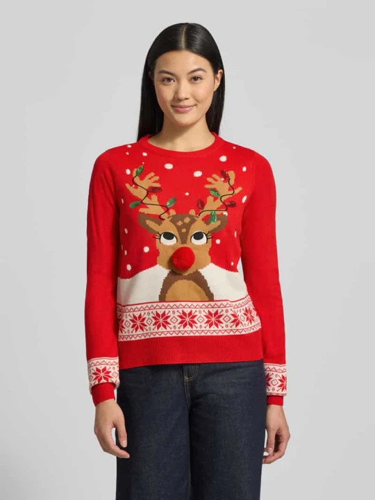 Zdjęcie produktu Sweter świąteczny o kroju regular fit z pomponem model ‘FROSTYDEER’ Vero Moda Czerwony
