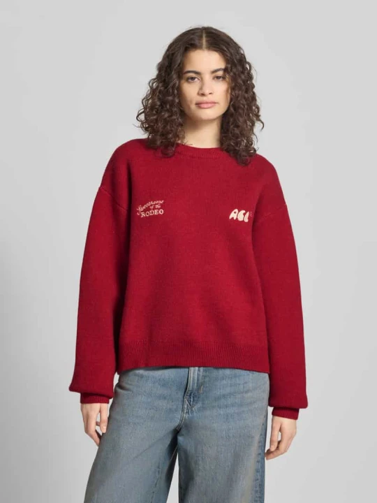 Zdjęcie produktu Sweter w kroju relaxed fit z haftowanym logo Another Cotton Lab Bordowy melanż