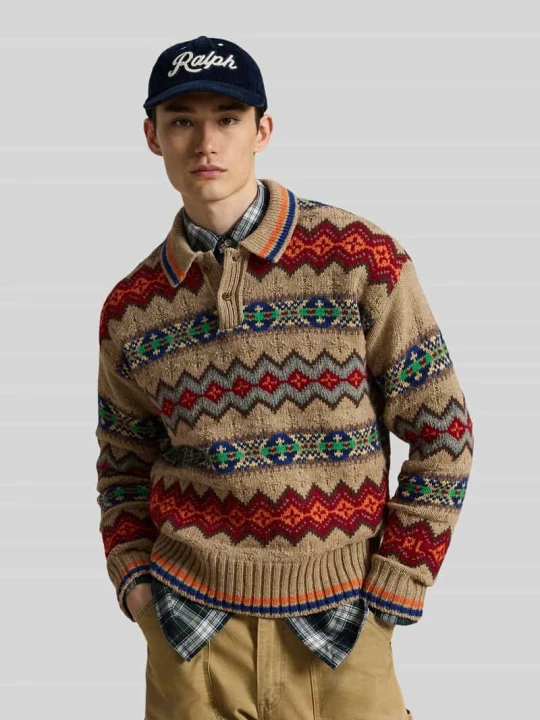 Zdjęcie produktu Sweter z czystej wełny z kołnierzykiem polo Polo Ralph Lauren Beżowy melanż