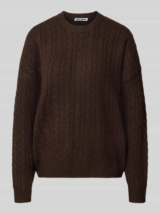 Zdjęcie produktu sweter z dzianiny o kroju oversized ze ściegiem warkoczowym REVIEW Ciemnobrązowy melanż