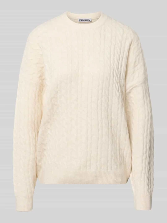 Zdjęcie produktu sweter z dzianiny o kroju oversized ze ściegiem warkoczowym REVIEW Złamany biały melanż