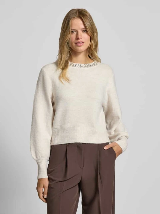 Zdjęcie produktu Sweter z dzianiny o kroju regular fit z obszyciem ozdobnymi kamieniami model ‘ELSA’ Only Beżowy