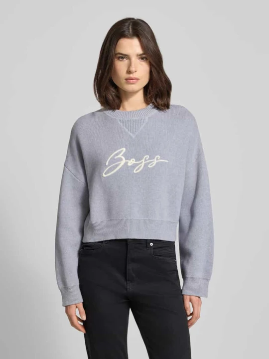 Zdjęcie produktu Sweter z dzianiny o kroju relaxed fit z czystej bawełny model ‘FINEVRA’ Boss Jasnoszary